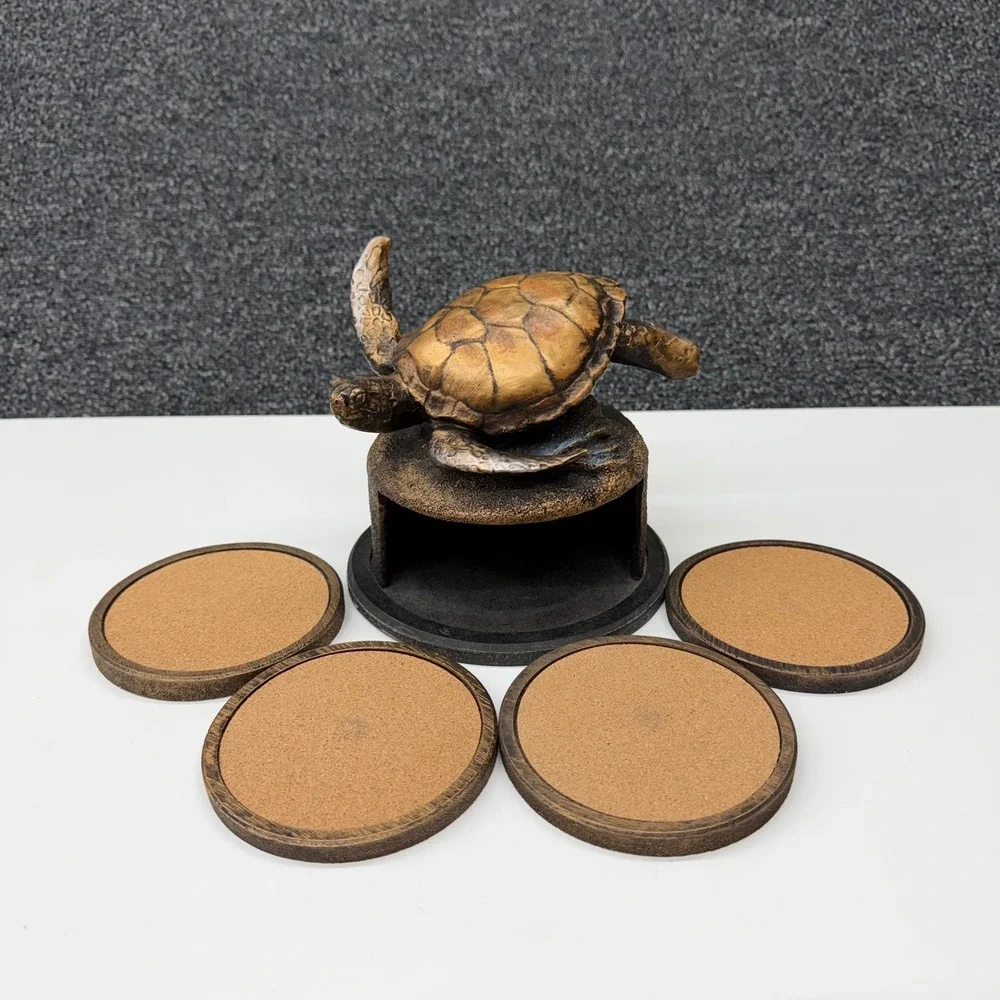 Sea Turtle Coaster Set with Holder Bronze Tone Nautical Coastal Decor 5pc Set